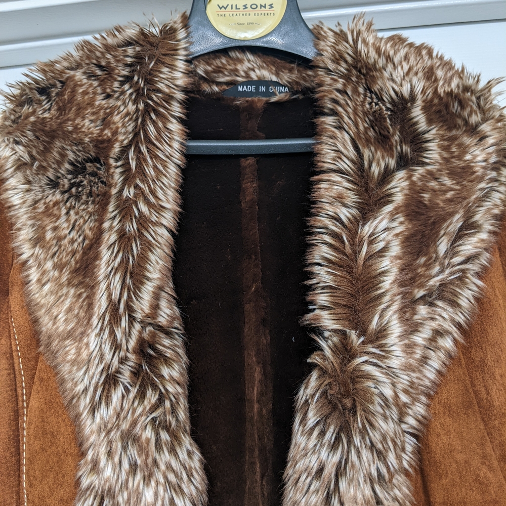 NWT Vintage Classic Wilsons Leather Tan Teddy Coat with Faux Fur Trim